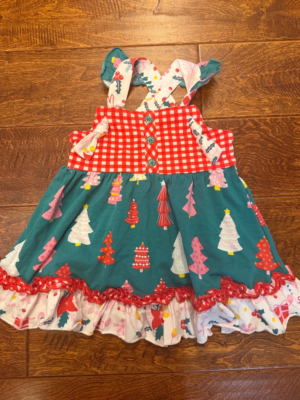Cotton castle 12 M Girls Green Christmas Tree Ruffle Dress with Red Gingham